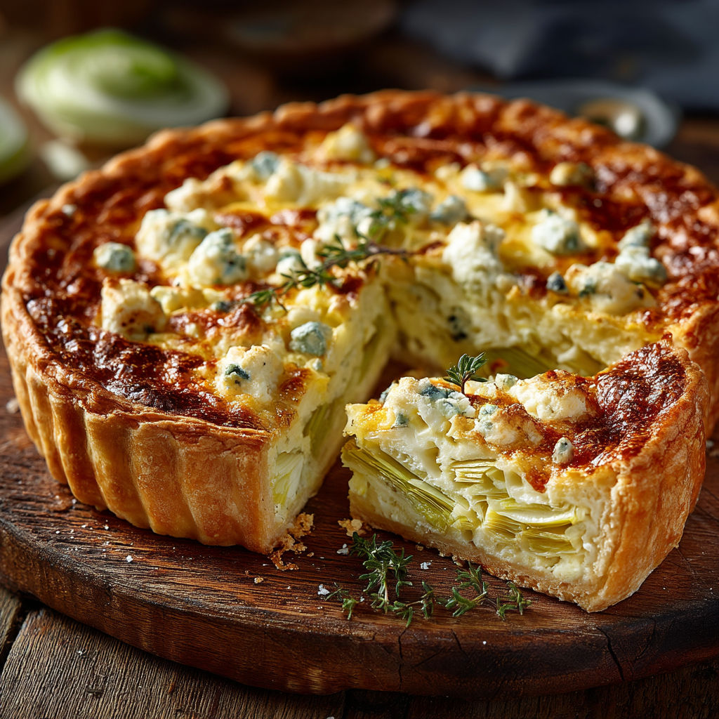 A slice of quiche with feta cheese and leeks.