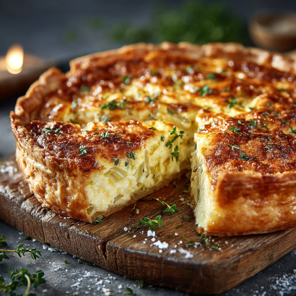 A slice of quiche on a wooden cutting board.