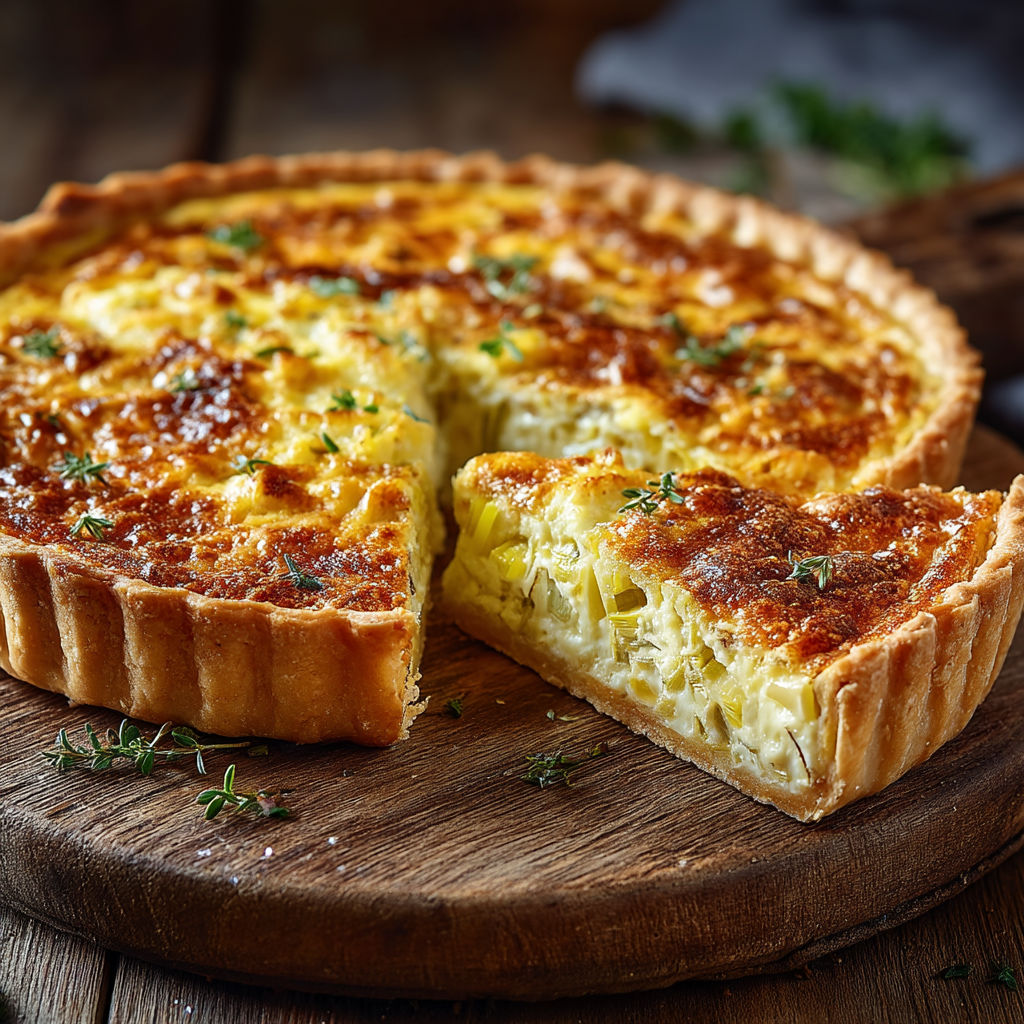 A slice of quiche with a golden crust.