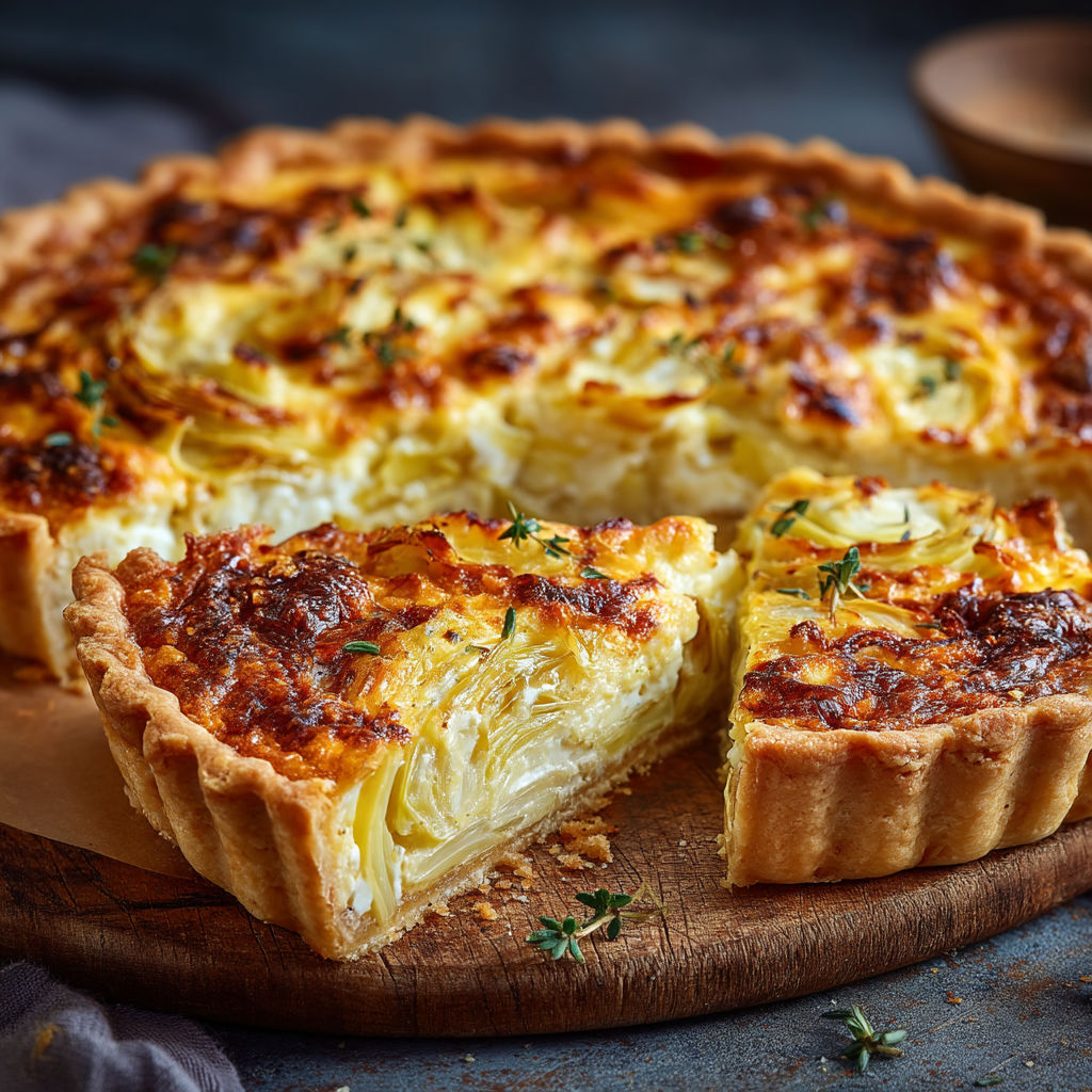 A slice of quiche with a golden brown crust.