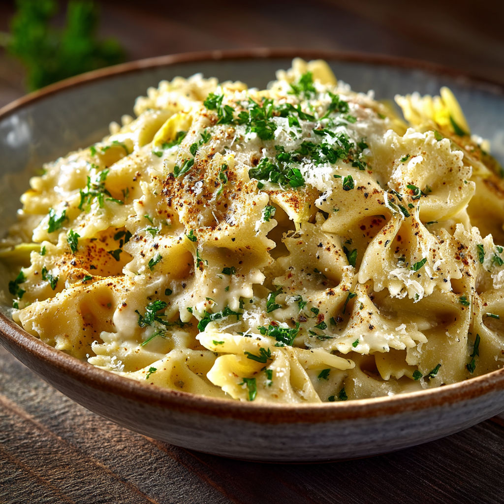 A bowl of pasta with herbs on top.