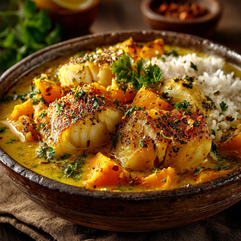 A bowl of curry with fish, potatoes and rice.