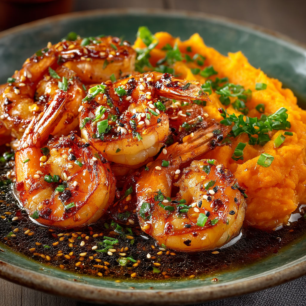 A plate of shrimp and sweet potatoes.