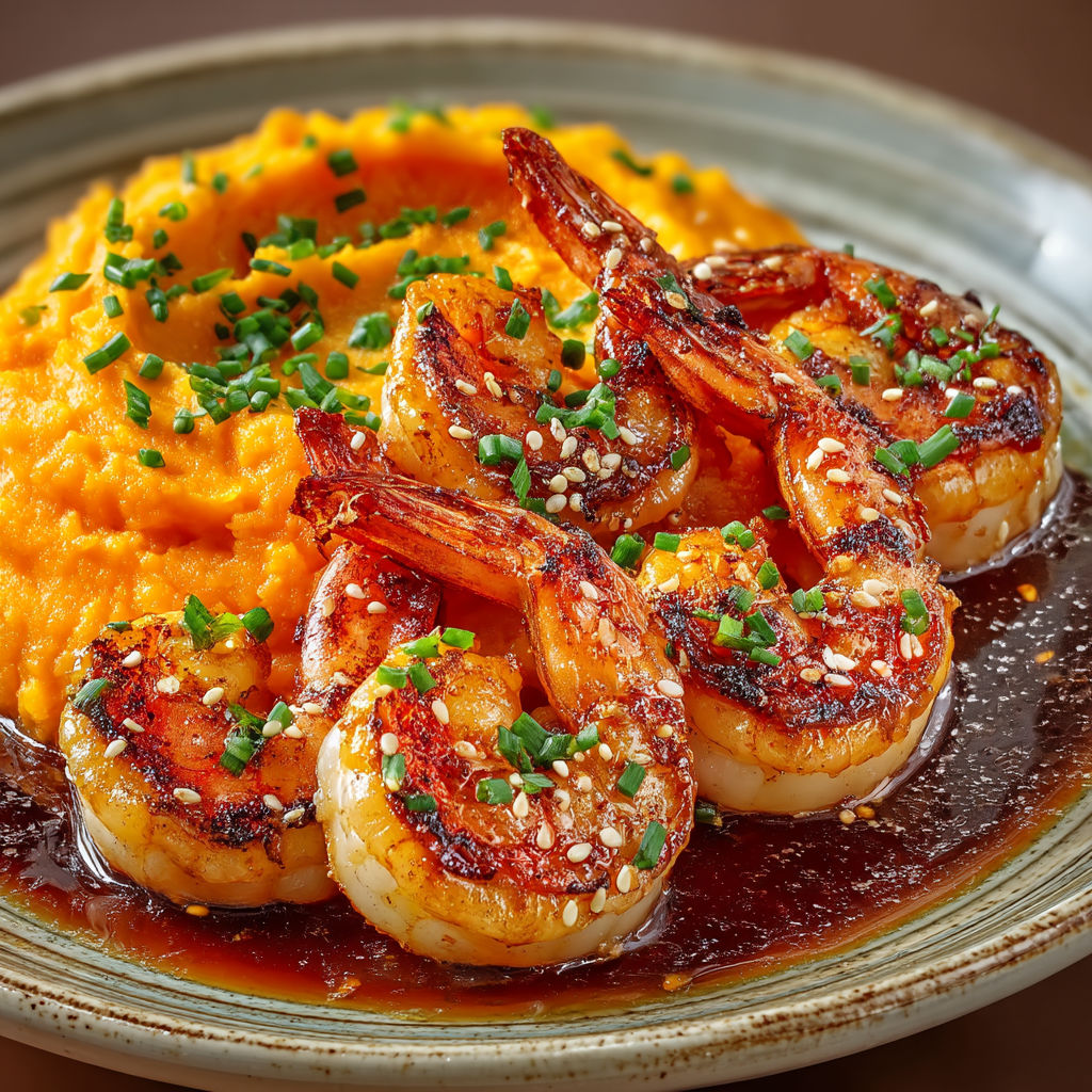 A plate of food with shrimp and garnish.