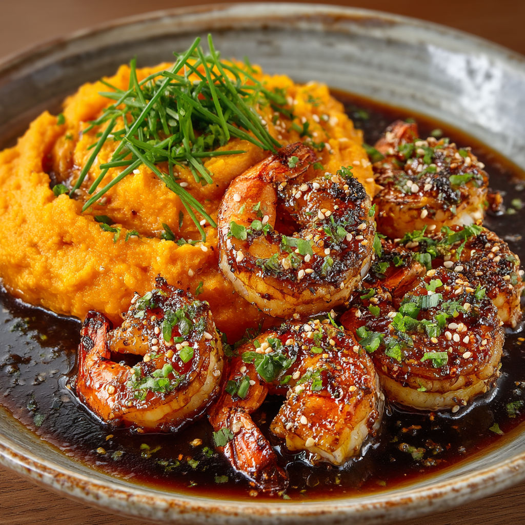 A plate of food with shrimp and a green garnish.
