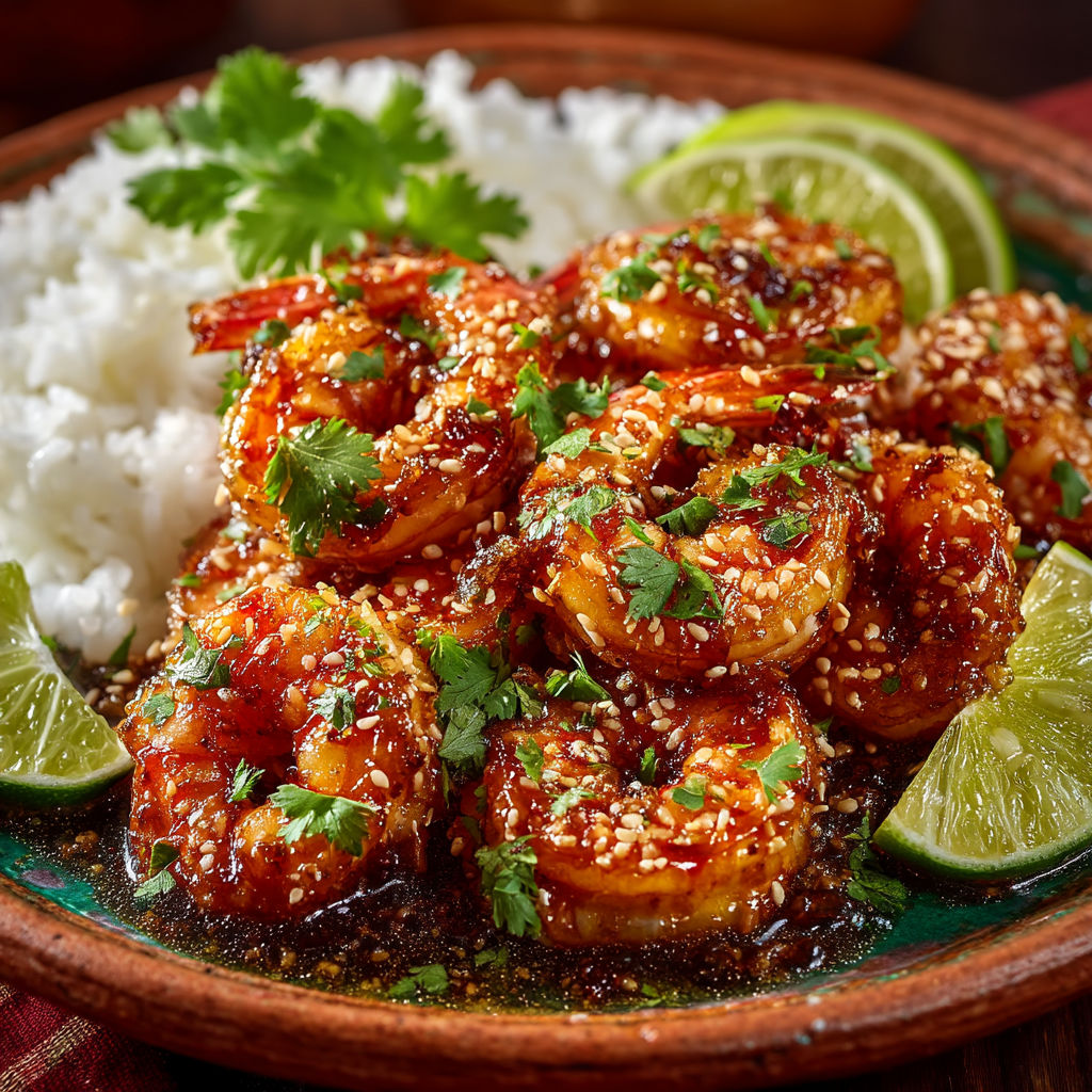 A plate of shrimp with a brown sauce.