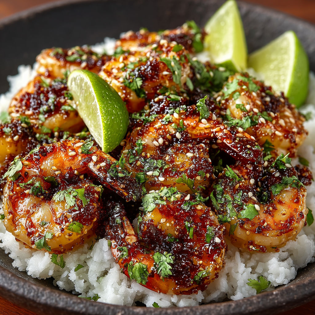 A bowl of shrimp with rice and lime.