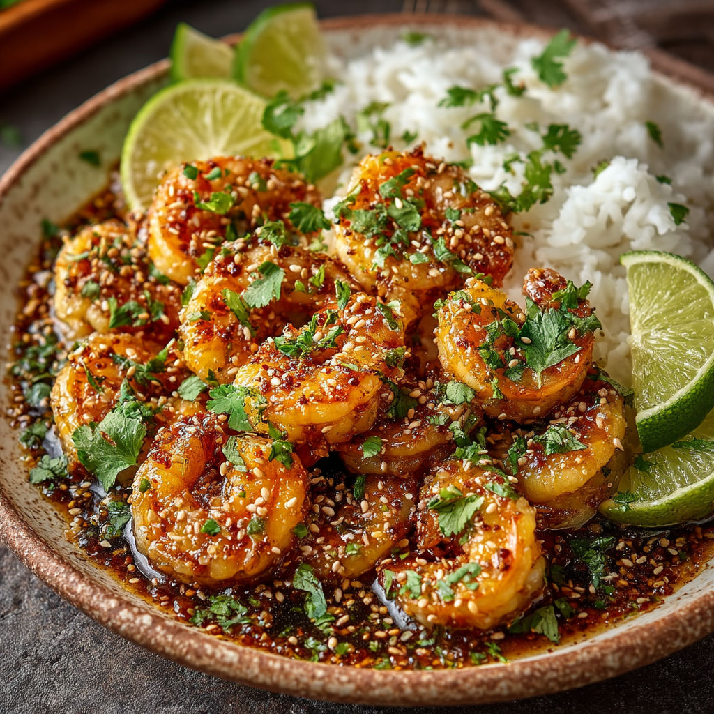 A bowl of shrimp with rice and lime.