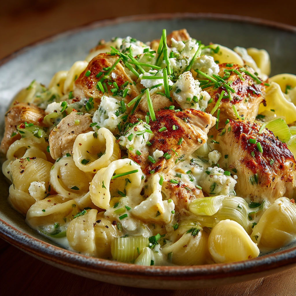 A bowl of pasta with chicken and cheese.