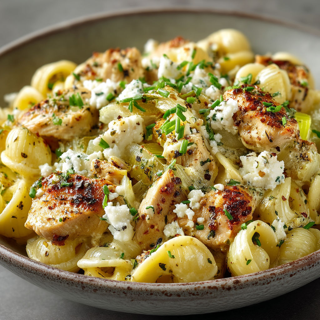 A bowl of pasta with chicken and cheese.