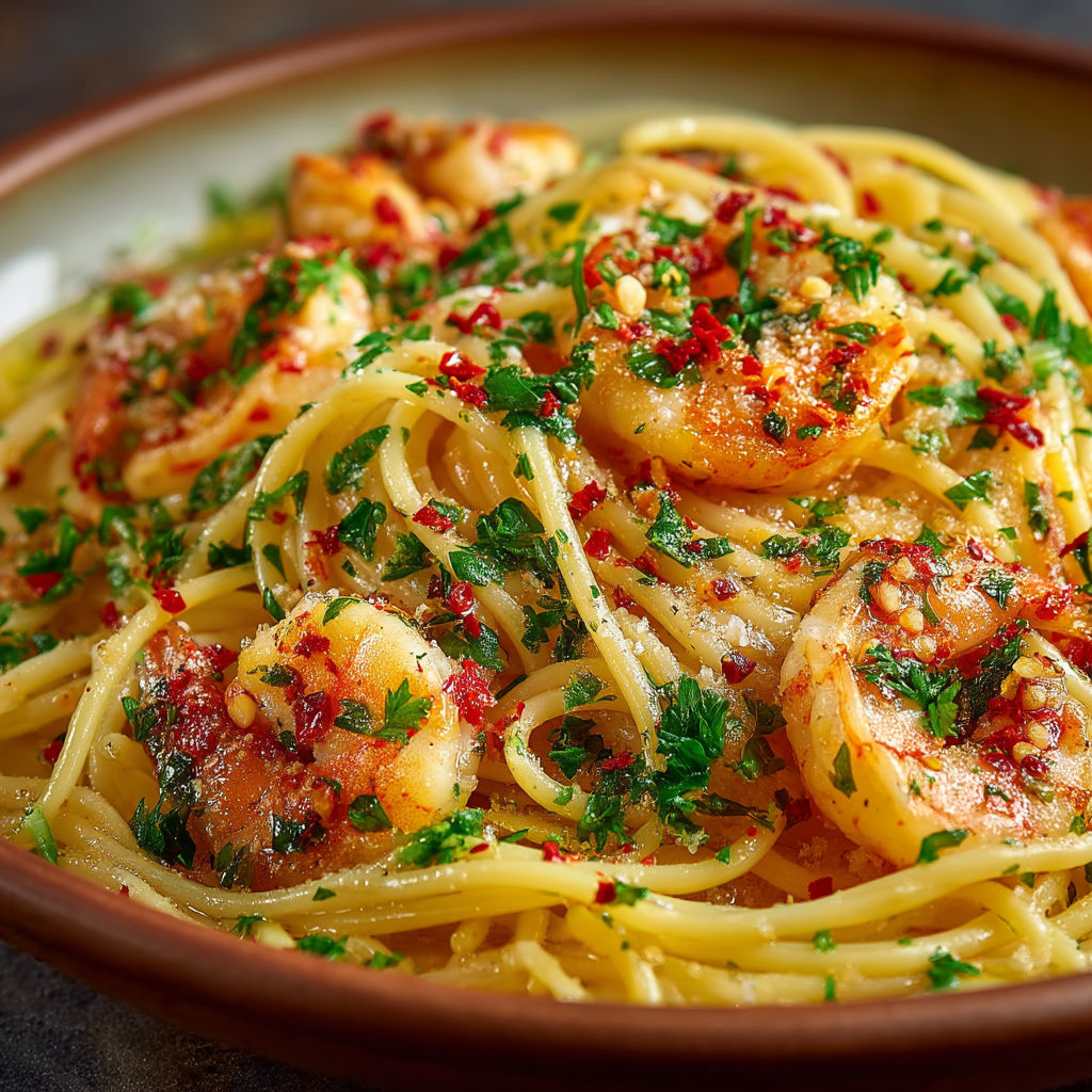 A bowl of pasta with shrimp and red peppers.