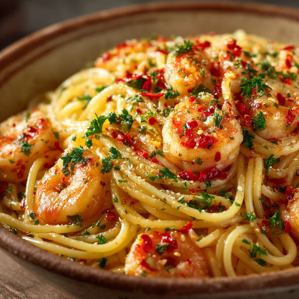 A bowl of shrimp and pasta.