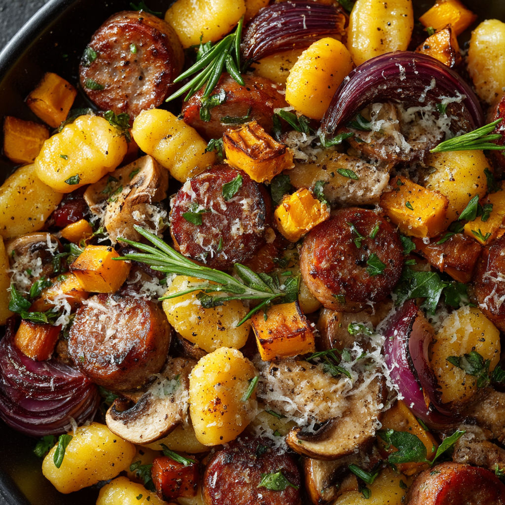 A bowl of food with sausage, mushrooms, onions, and cheese.