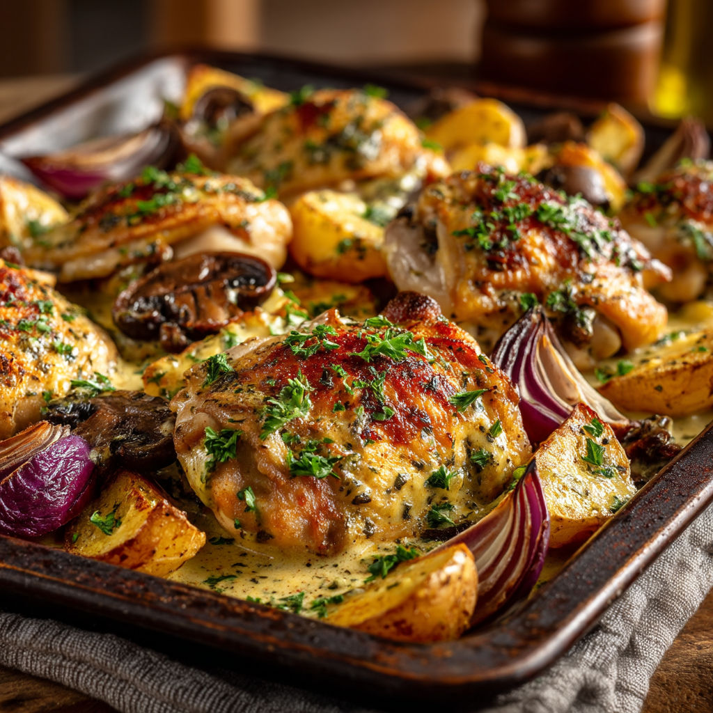 A dish of chicken and mushrooms.