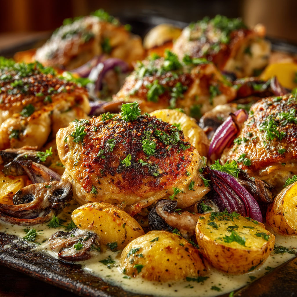 A plate of food with chicken, potatoes, and onions.