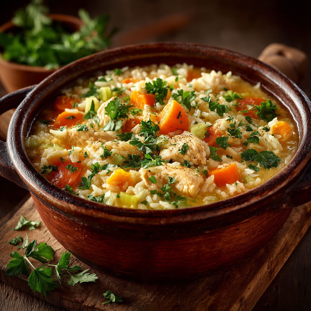 A bowl of rice with vegetables and chicken.