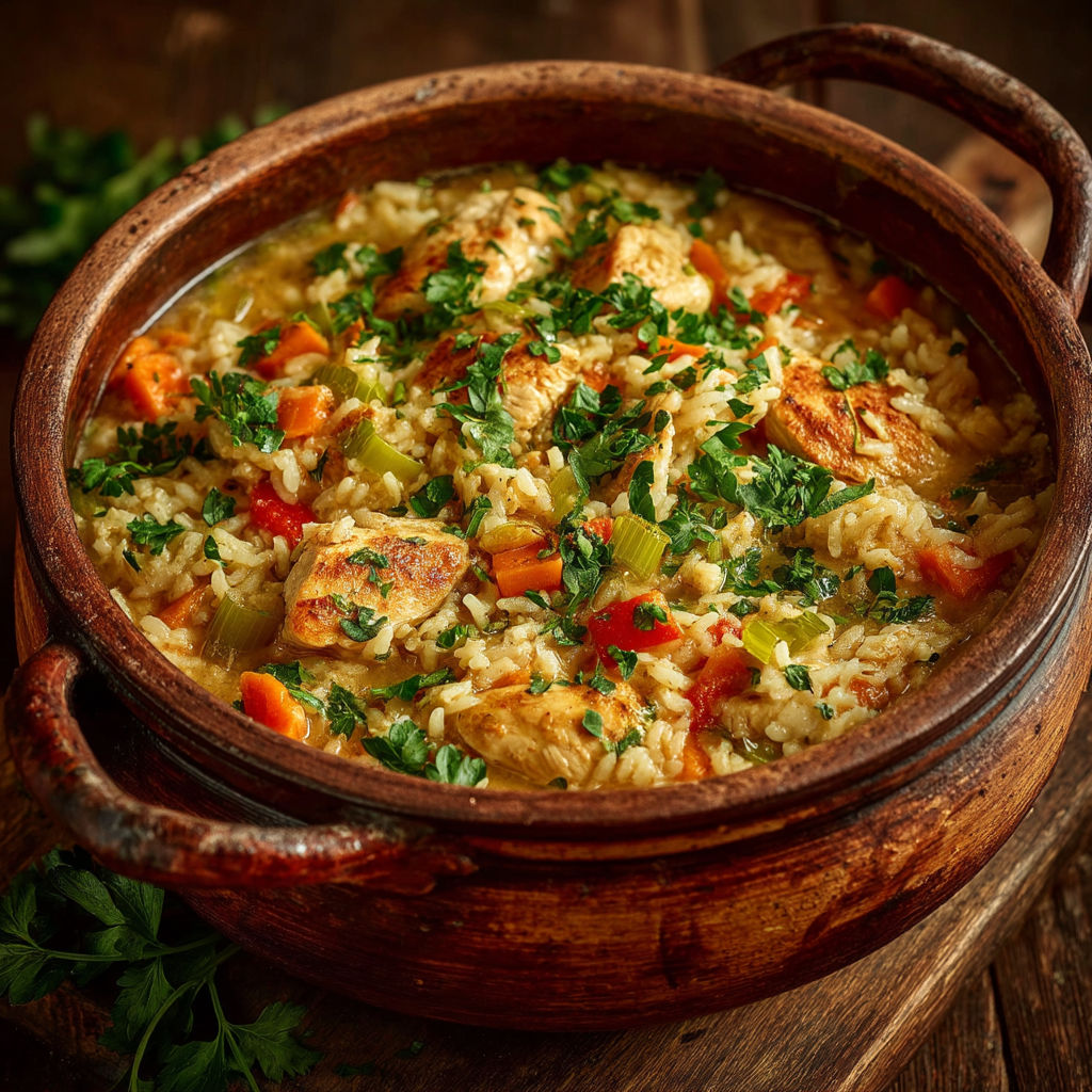 A bowl of rice with chicken and vegetables.