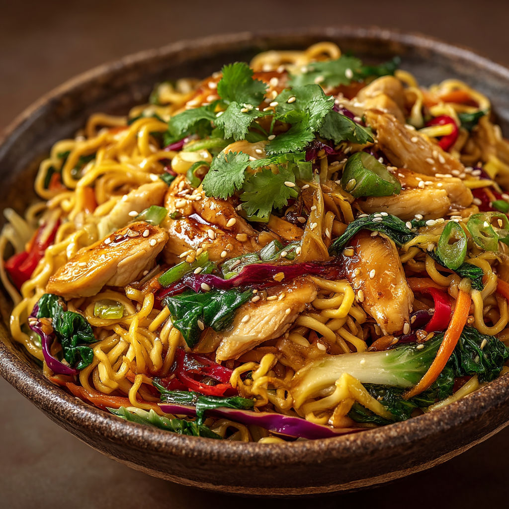 A bowl of noodles with chicken and vegetables.
