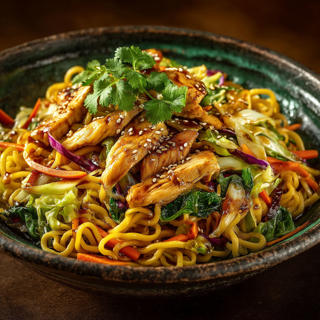 A bowl of noodles with chicken and vegetables.