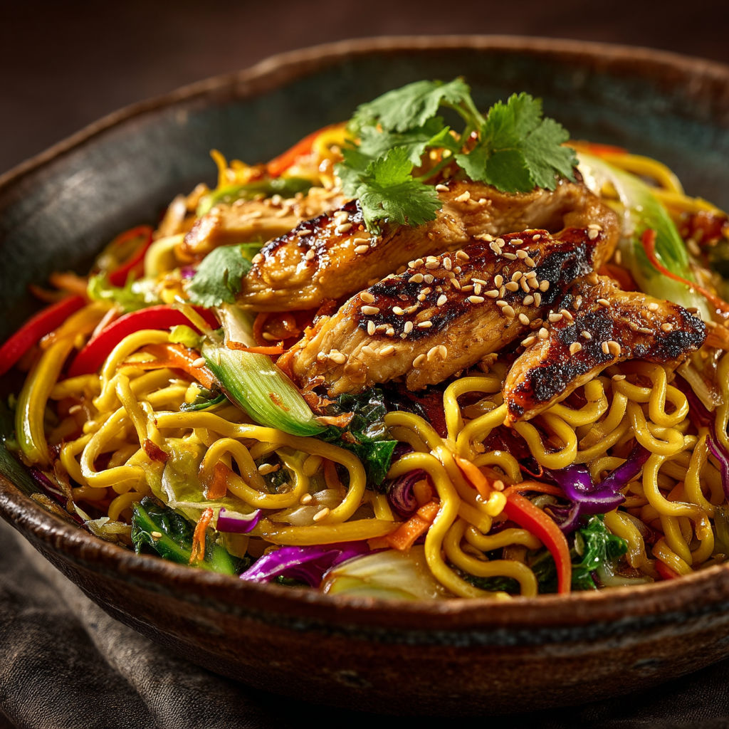 A bowl of noodles with chicken and vegetables.