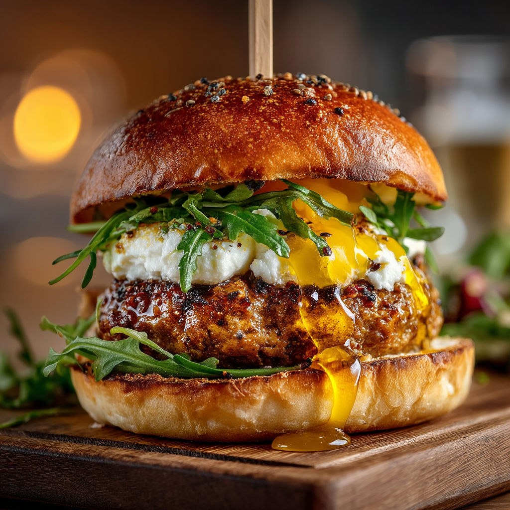 A sandwich with egg, cheese, and greens on a wooden tray.