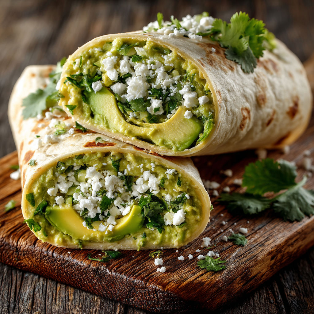 A wrap with feta cheese, avocado, and cilantro.