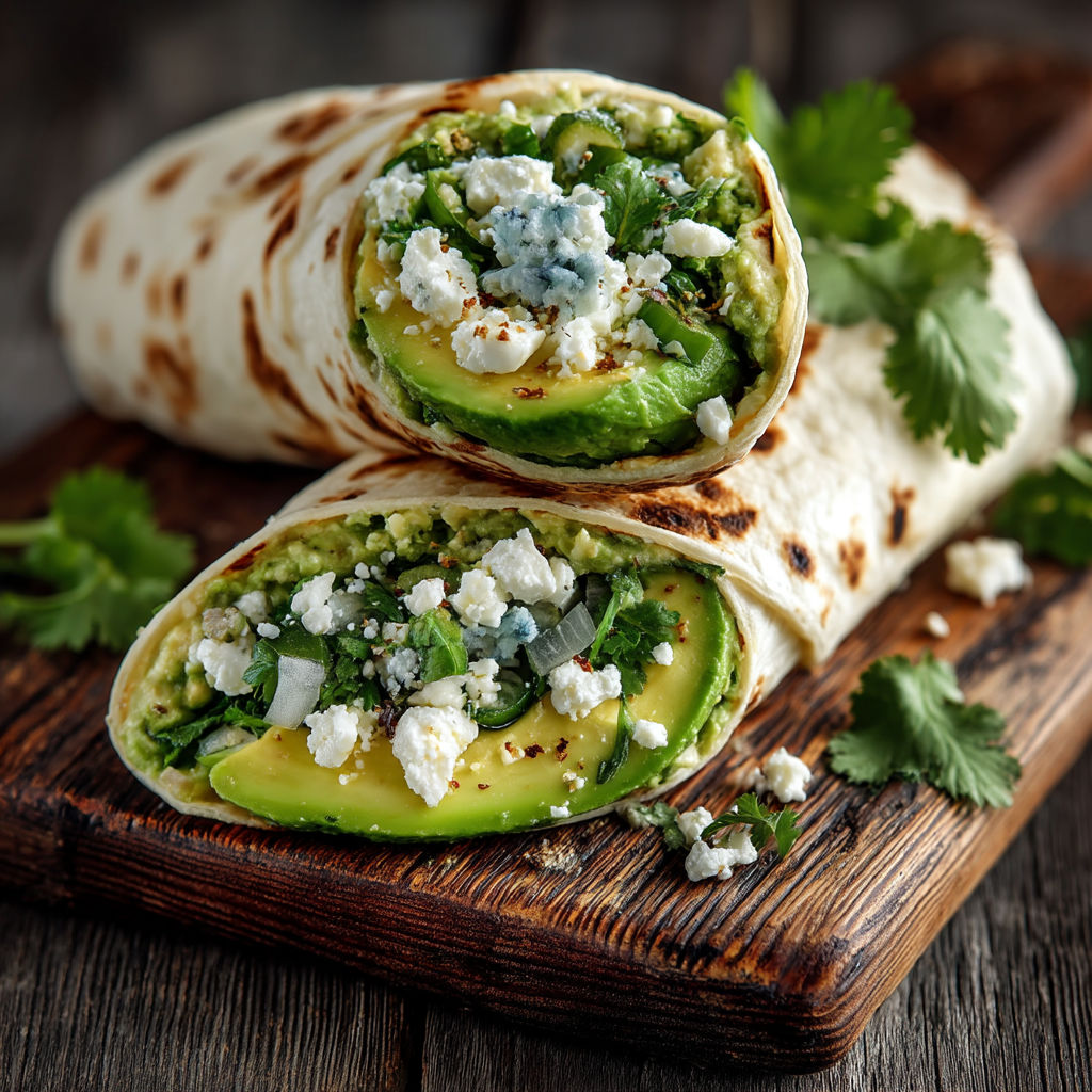 Two burritos with blue cheese and avocado.