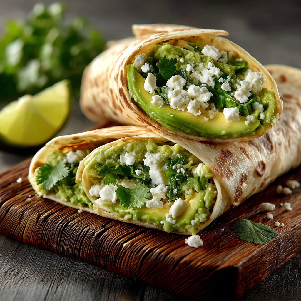 A burrito with avocado and blue cheese.