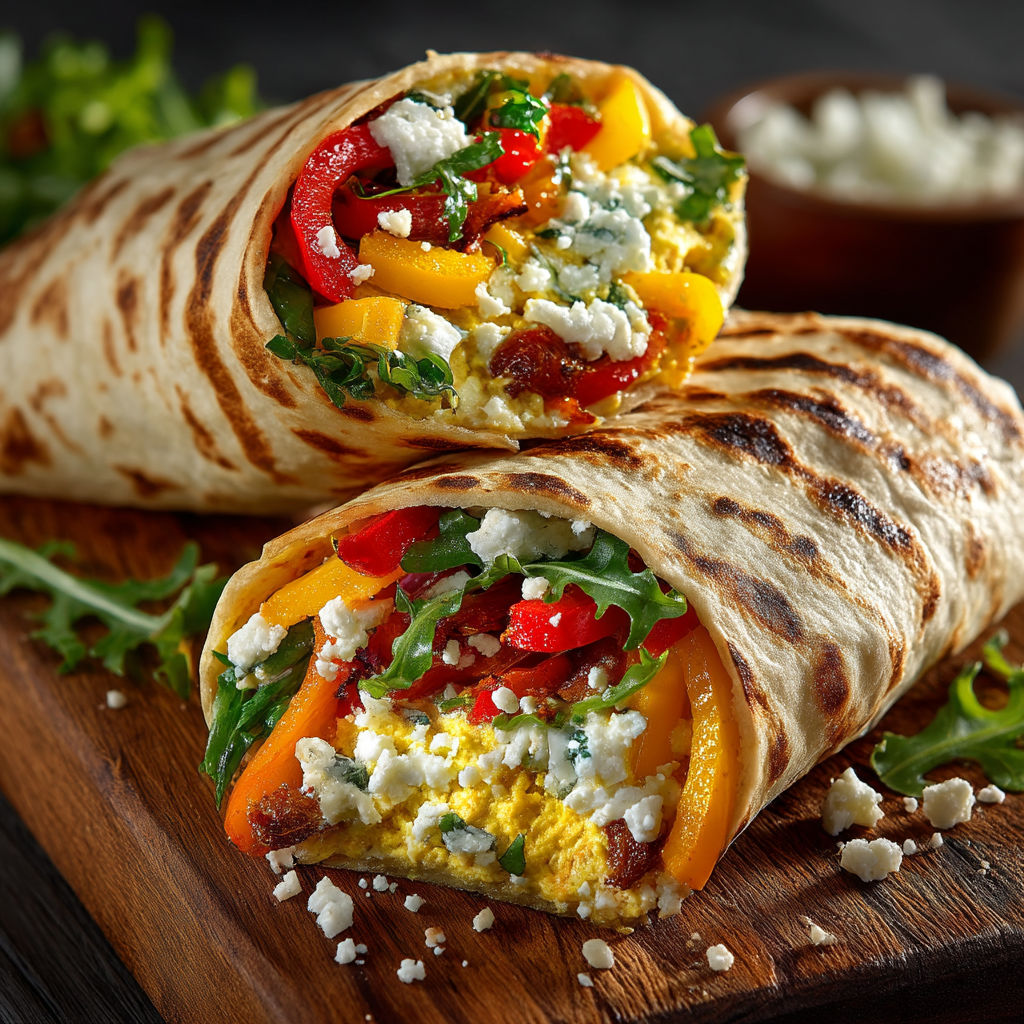 A wrap with yellow and red vegetables.
