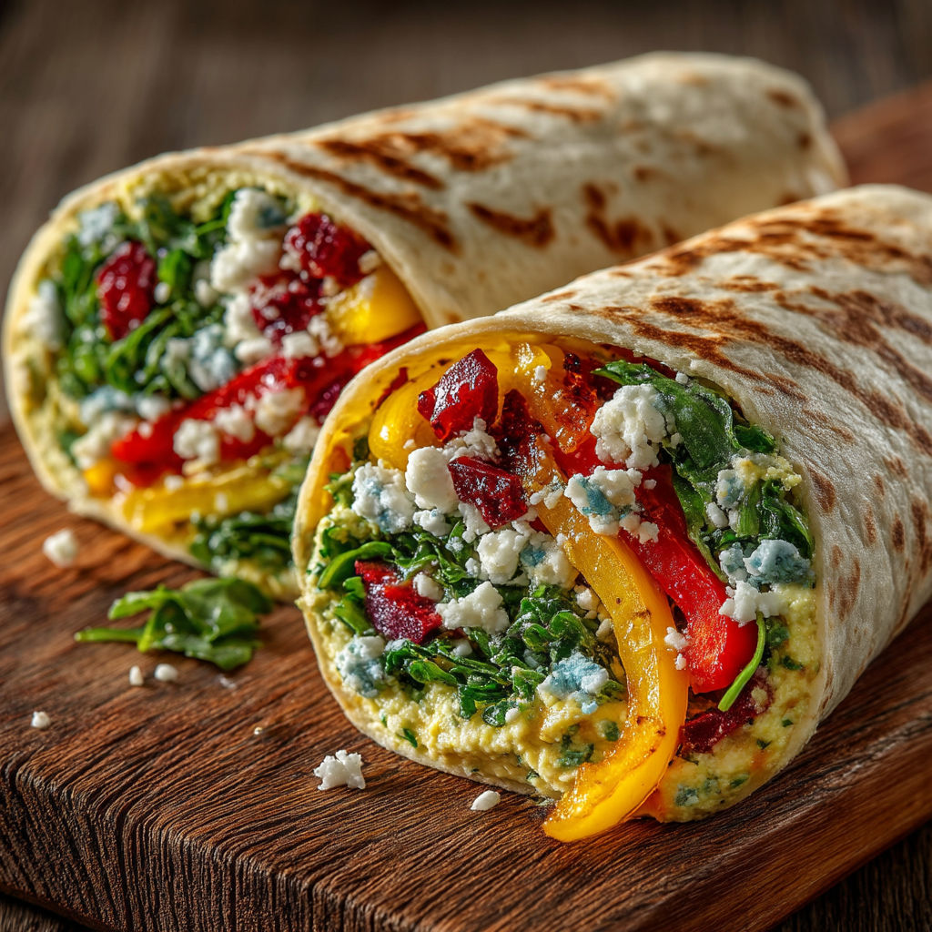 A burrito with a variety of vegetables and cheese.
