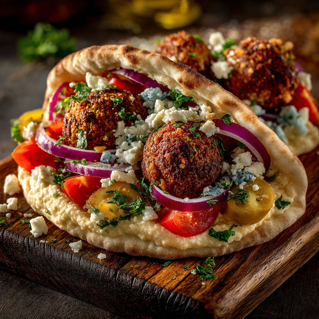 A pita sandwich with meatballs, tomatoes, onions, and feta cheese.