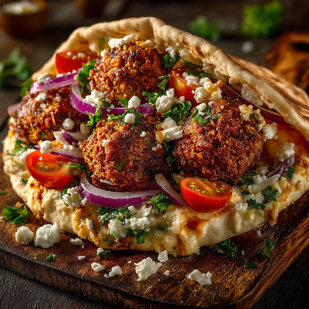 A pita sandwich with meatballs and houmous.