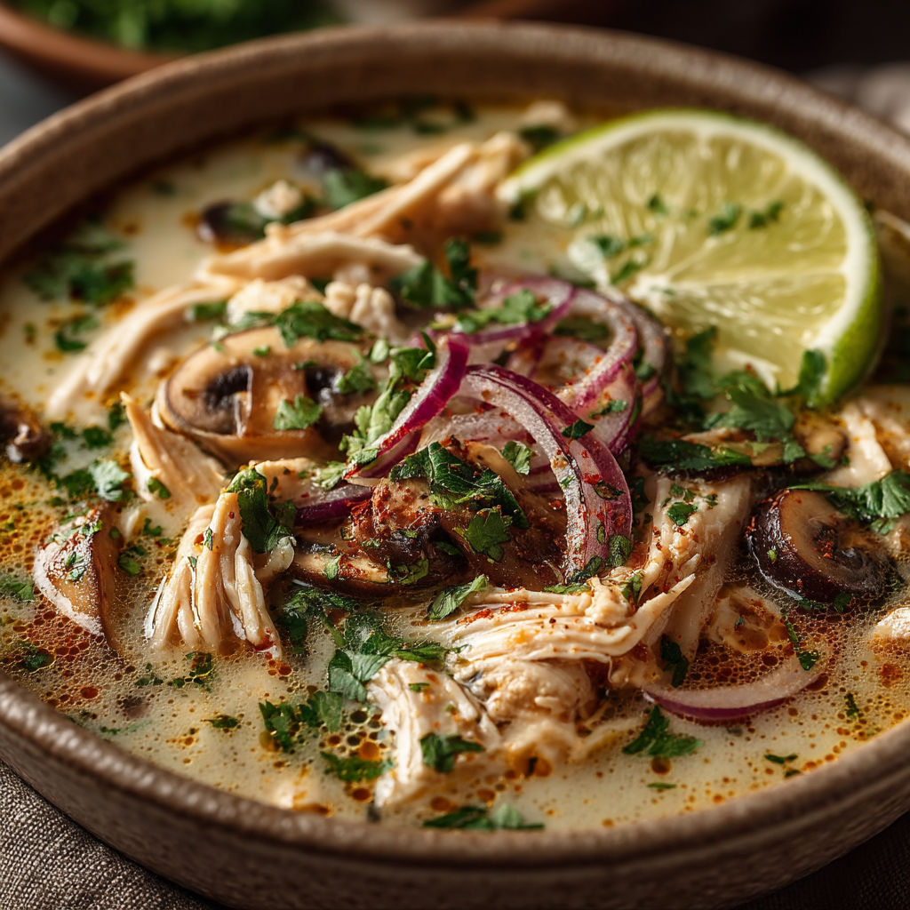 A bowl of chicken soup with onions and limes.