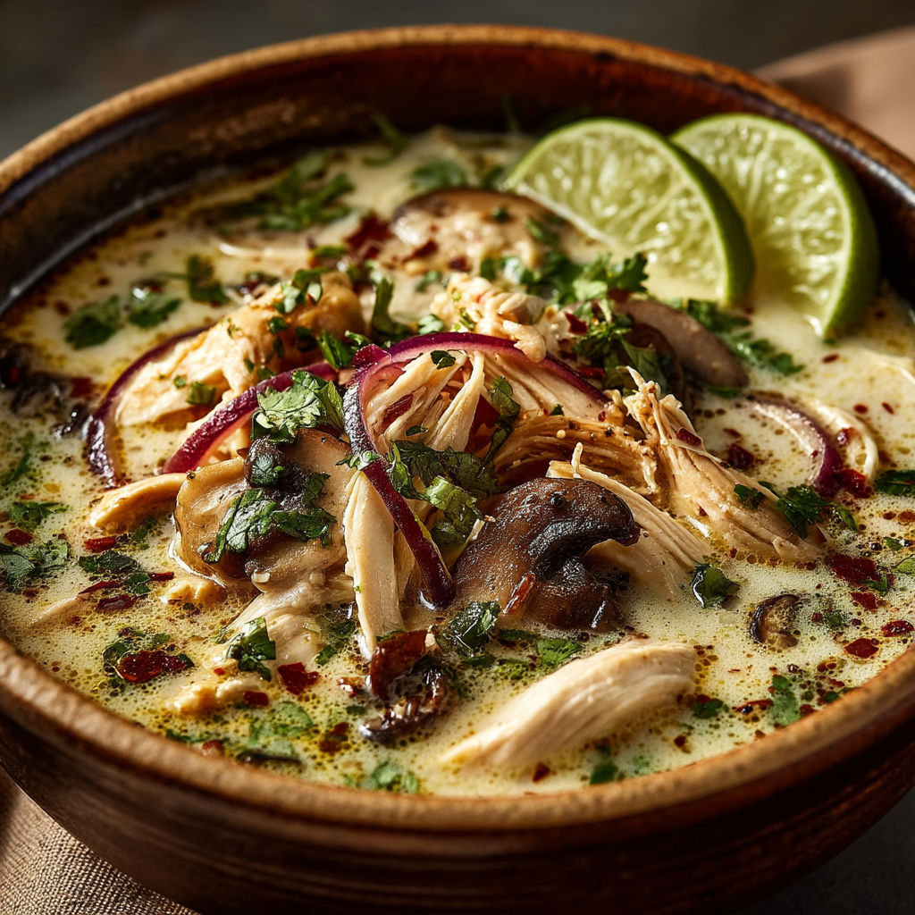 A bowl of soup with mushrooms, lime, and chicken.