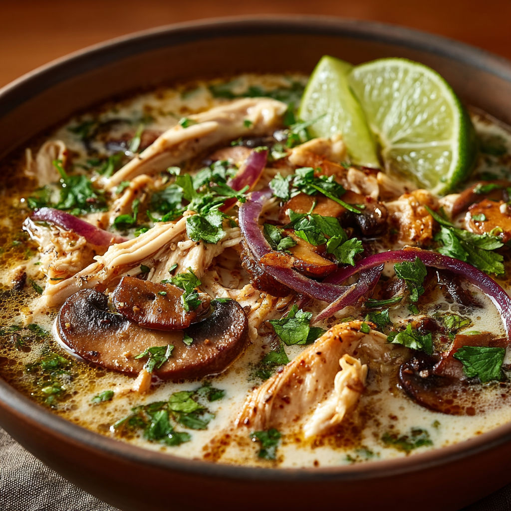 A bowl of soup with chicken, lime, and onions.