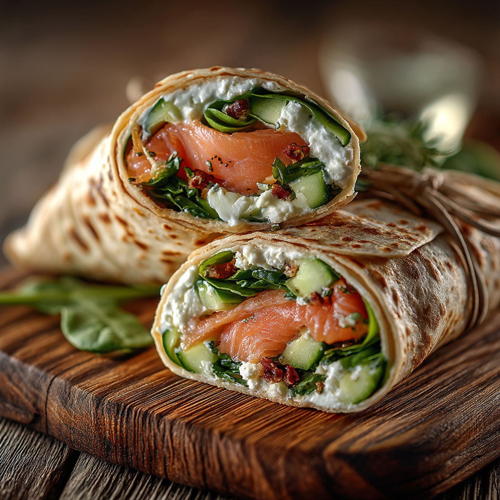 A wrap with salmon and cucumber on a wooden table.