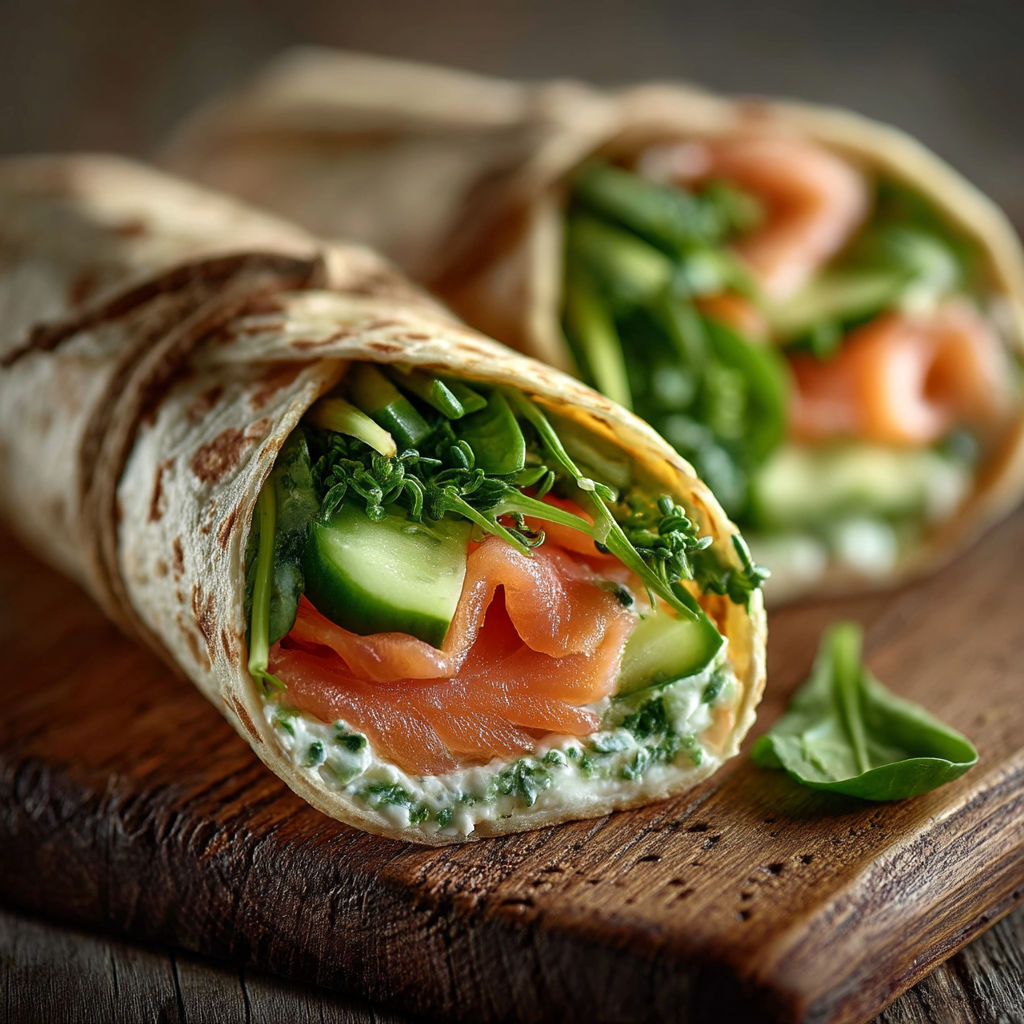 A wrap with salmon and vegetables.