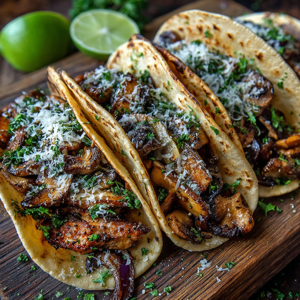 Two tacos with mushrooms, chicken and cheese.