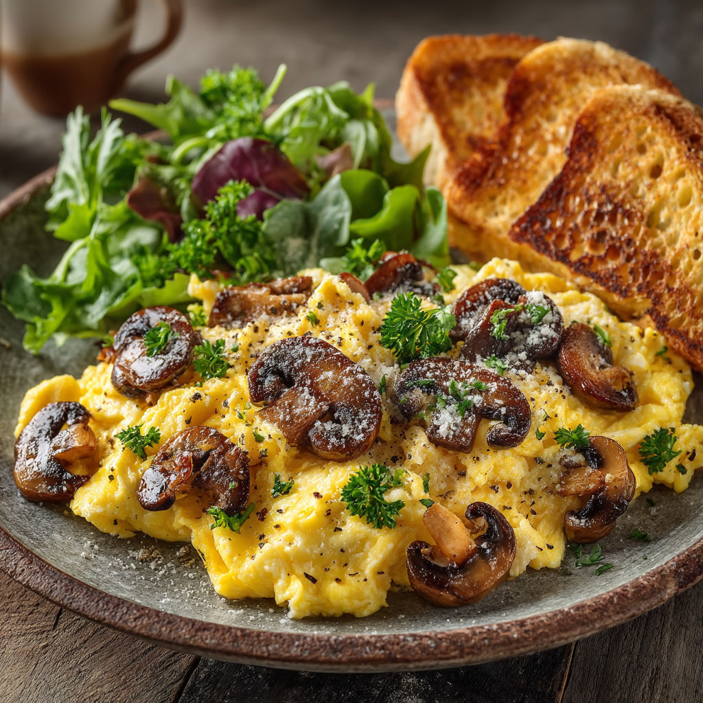 A plate of food with mushrooms and bread.
