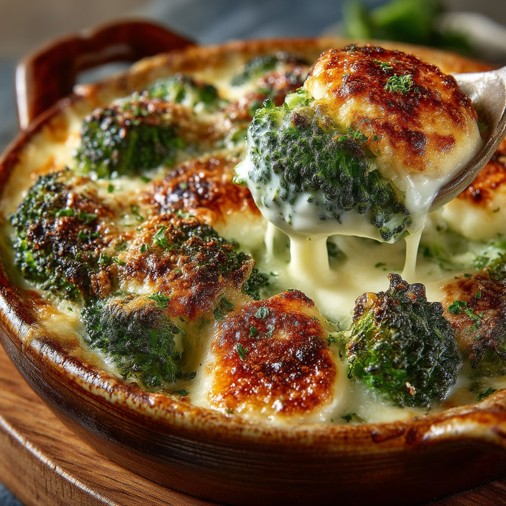 A bowl of broccoli with cheese and sauce.