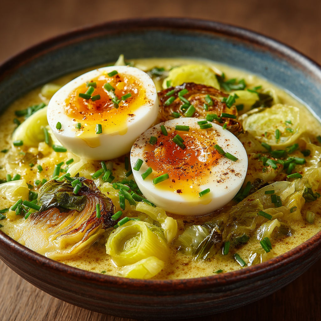 A bowl of soup with eggs and vegetables.