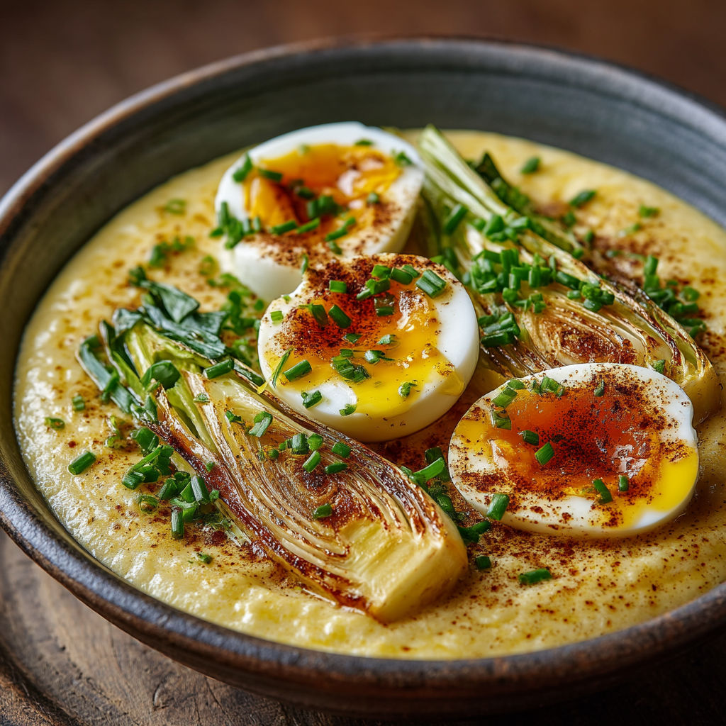 A bowl of food with eggs and greens.
