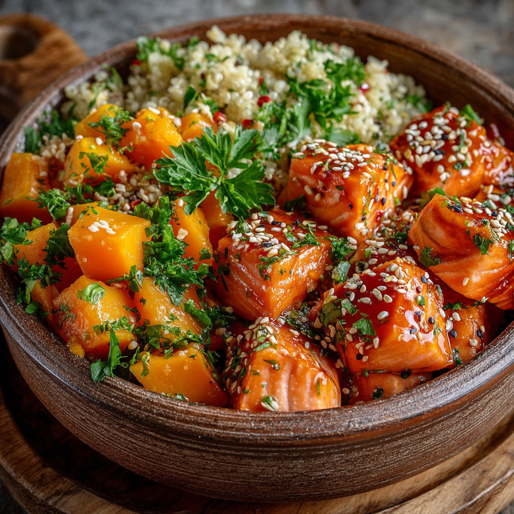 A bowl of food containing fish, squash, and rice.