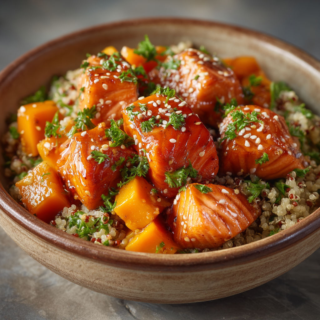 A bowl of food containing fish, squash, and rice.