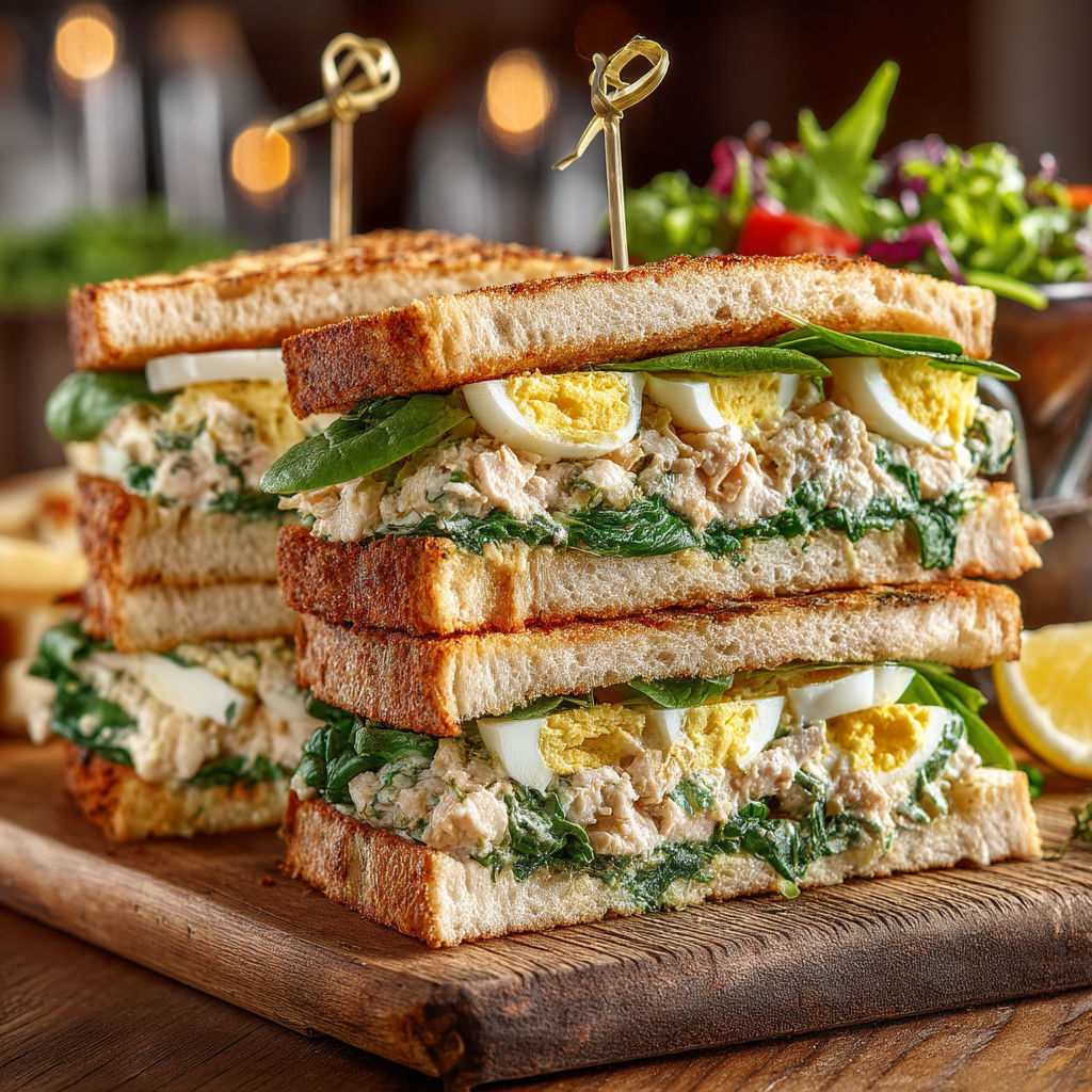 Un club sandwich avec thon, épinard et œuf.