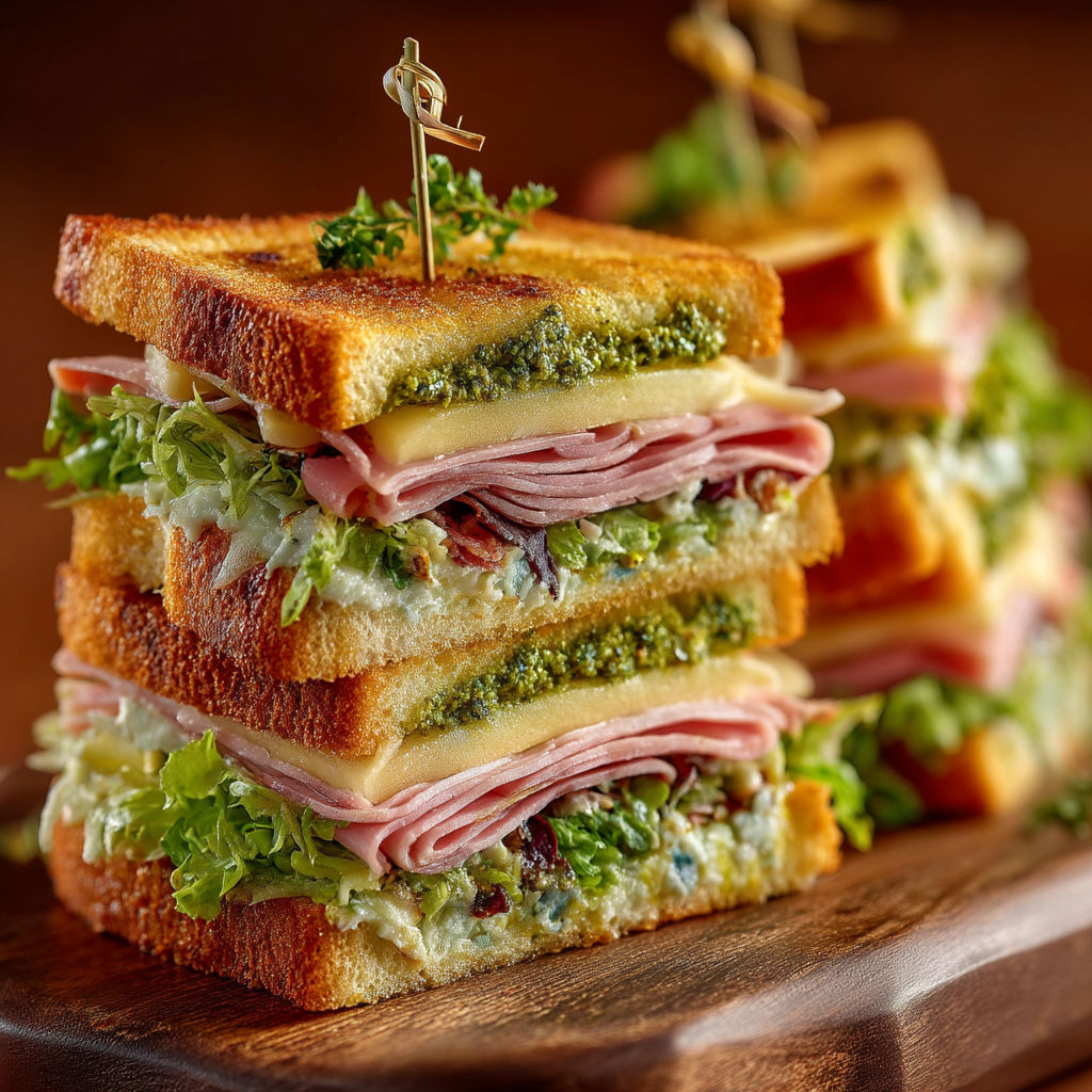 Un club sandwich au pesto est présenté sur une table.