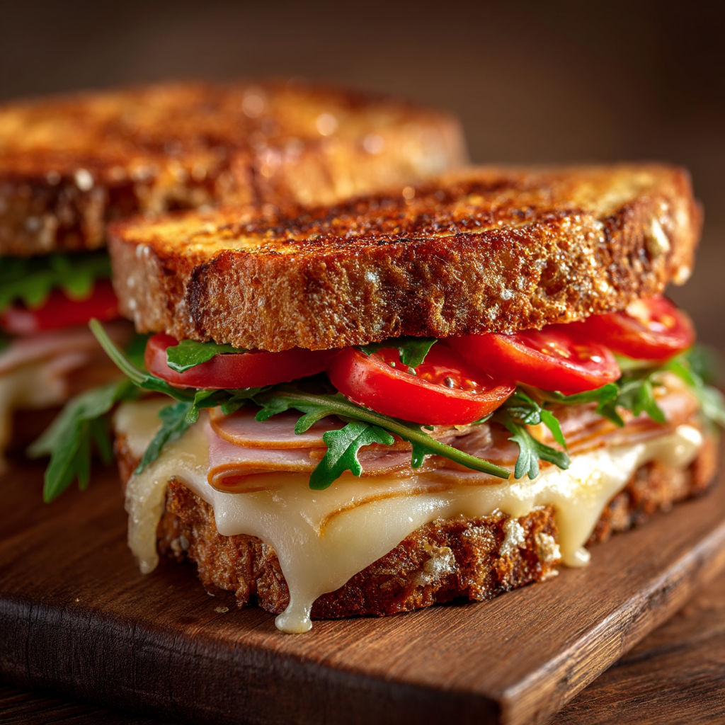 Une sandwich comté, jambon de dinde et tomates sur une planche de bois.