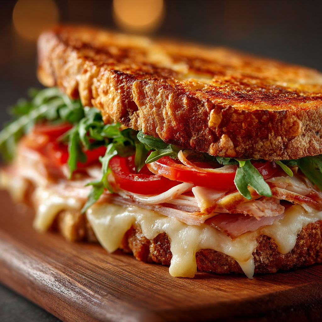 Une sandwicherie avec une sandwich au jambon et au fromage.