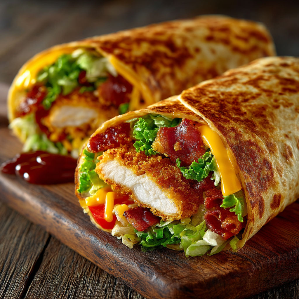 Une sandwich de poulet et de légumes, avec des bacon, est servie sur une planche de bois.