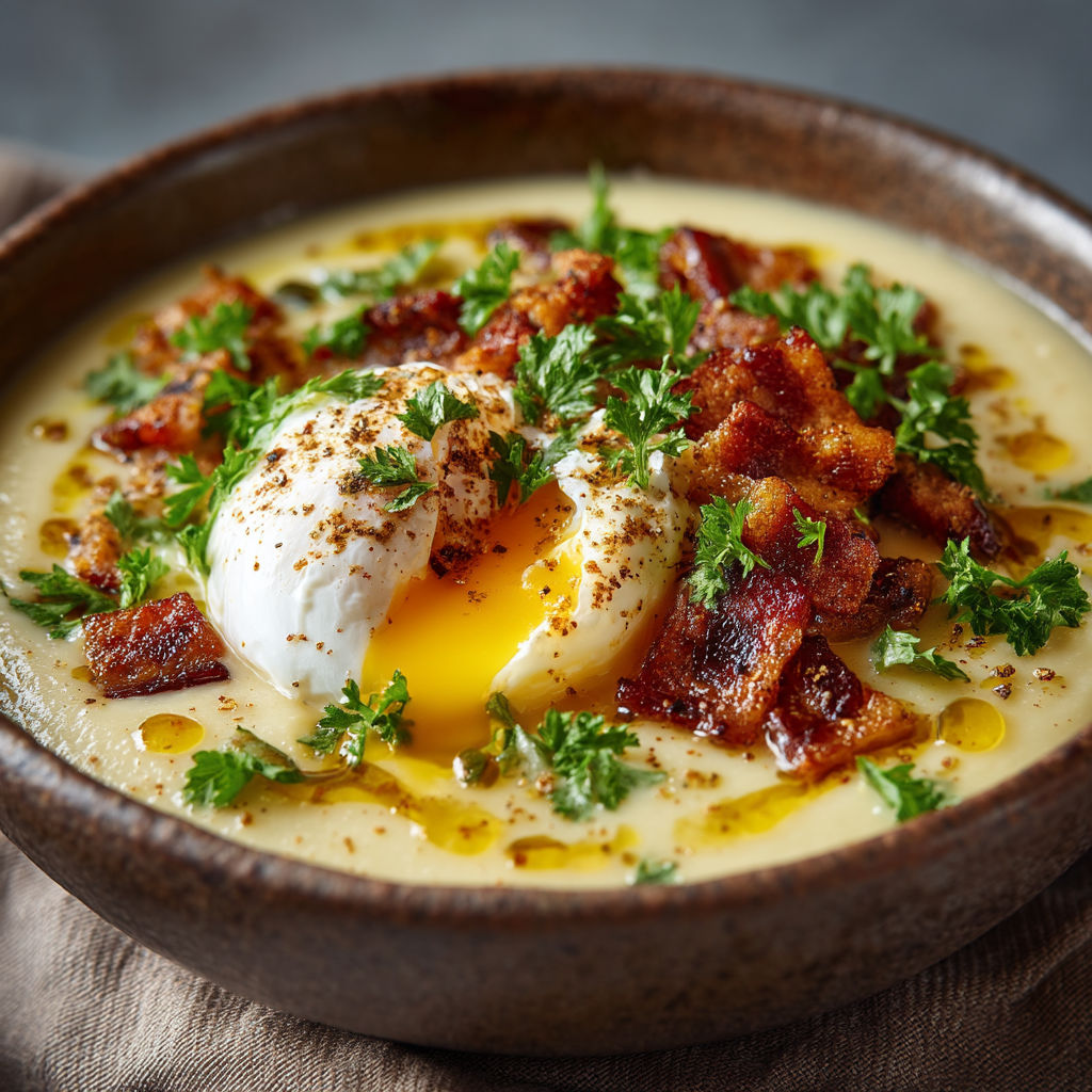 Une soupe chaude avec des légumes et des bacon.
